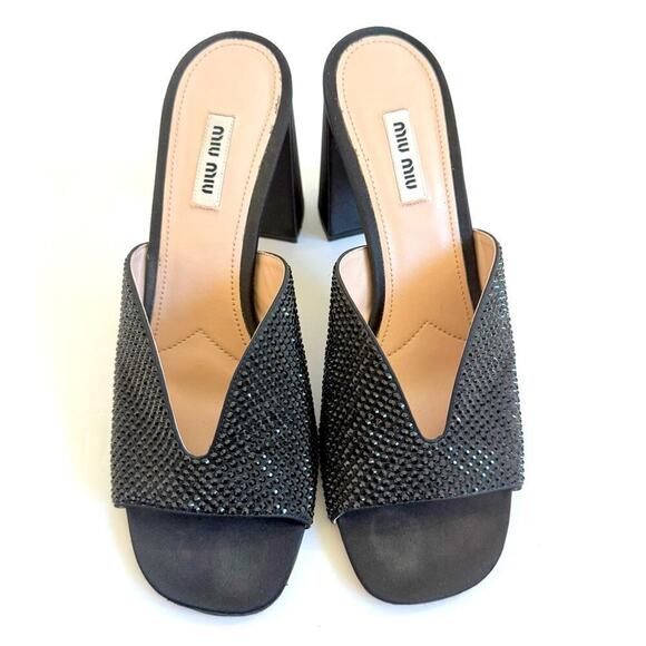 Miu Miu black Satin Leather Crystal embellished high heel slip on mules EU 40 - Picture 3 of 10